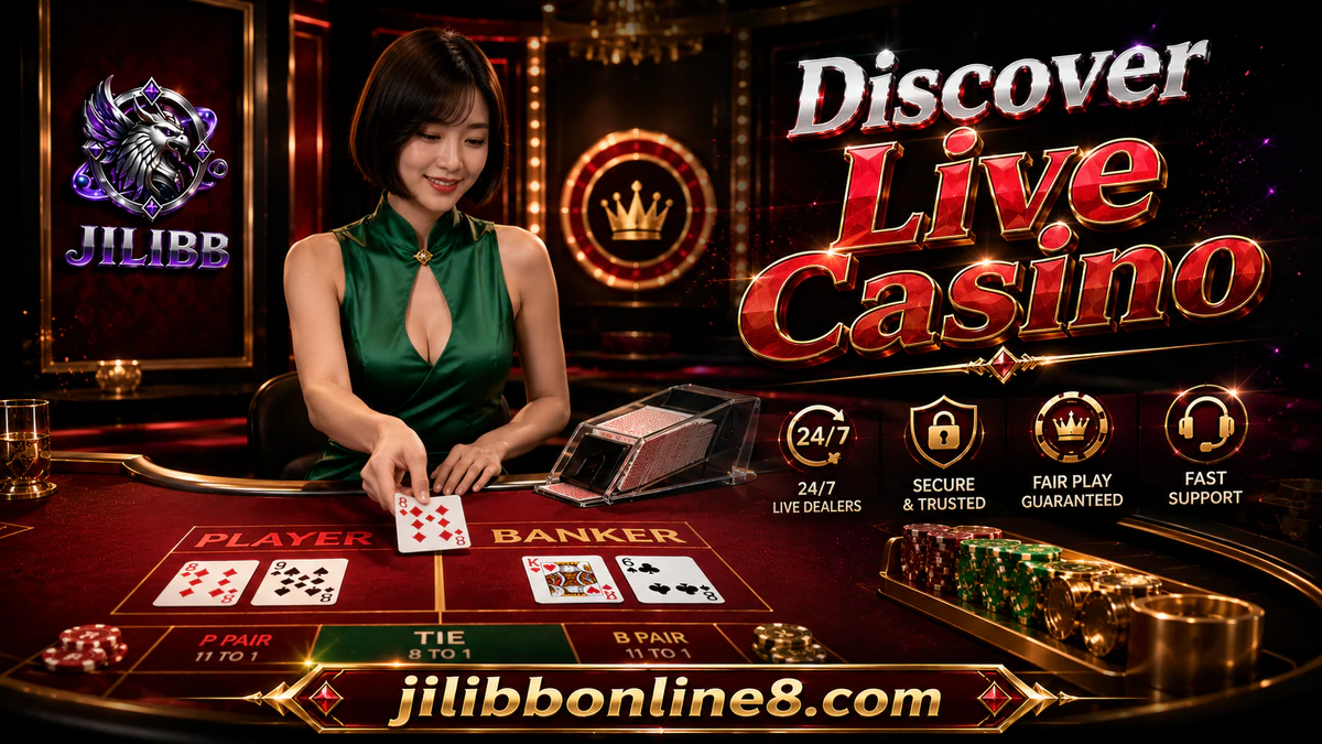 JILIBB online casino live-table scene with a violet-lit dealer area and focused table atmosphere